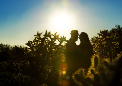 engaged couple silhoutte in a patch of catcus in Mesa Arizona